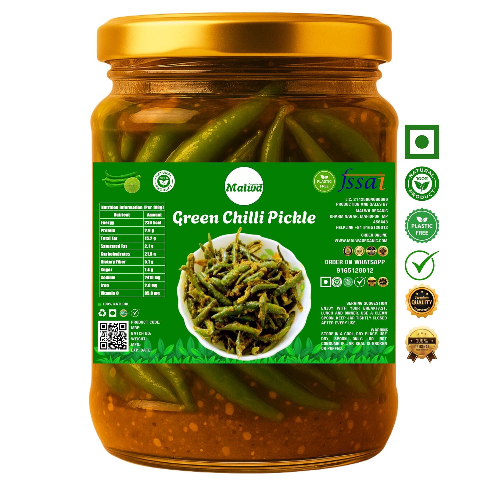 Malwa Organic Premium Desi Hari Mirch Achar (Green Chilli Pickle)